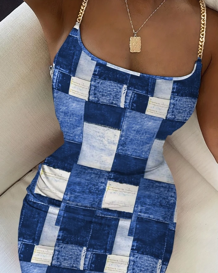 

Women's Summer Dress Sexy Plaid Print Elegant Square Neck Strap Chain Shoulder Strap Tribal Print Lace Up Tight Fitting Dress