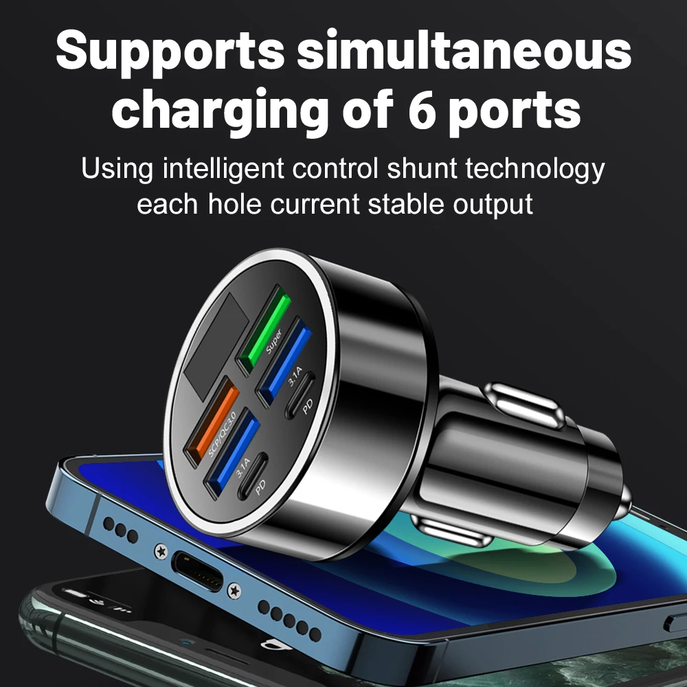 Car Phone Charger 100W 6 Ports Car Charger Fast Charging PD QC3.0 USB C Adapter For iPhone Samsung Xiaomi Huawei