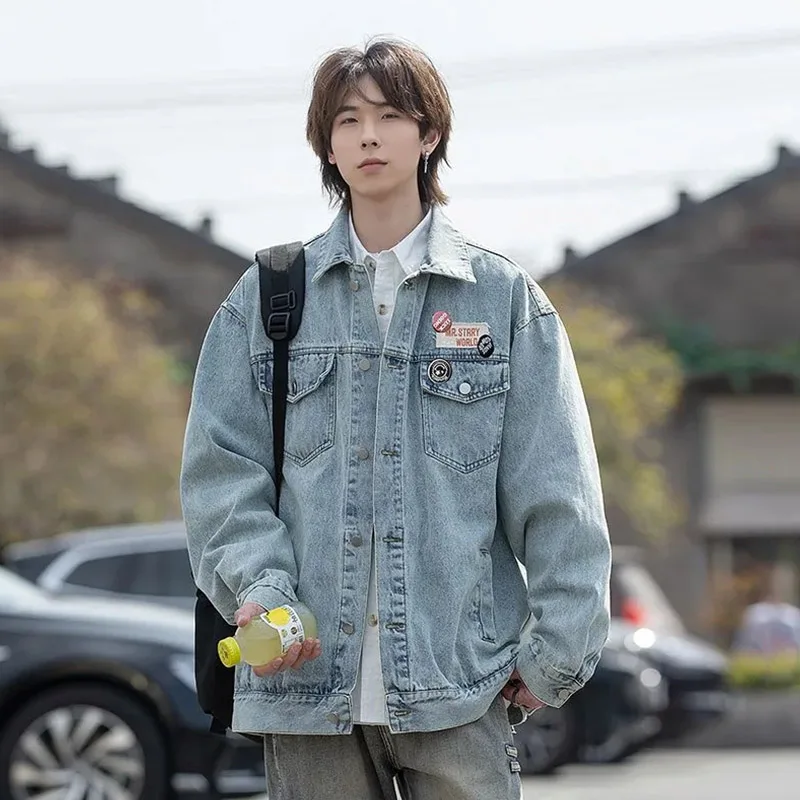Fall 2024 American Style Lapel Denim Jacket Korean Version Fashionable Men's High-Quality Travel Loose Single Breasted Jacket