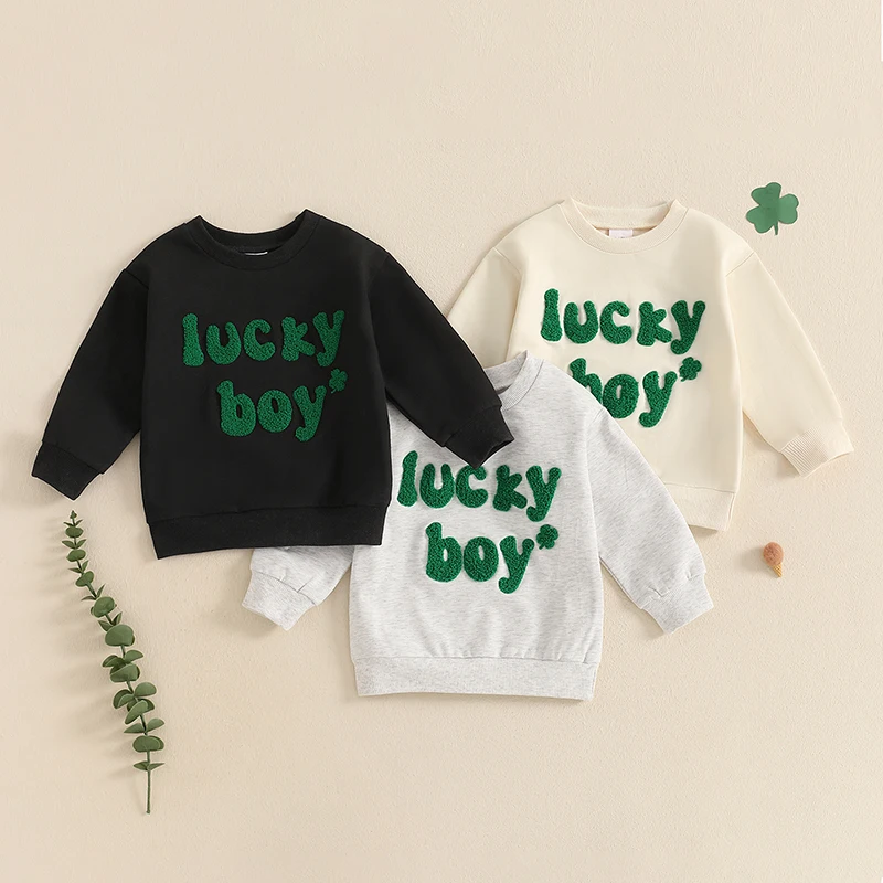 -01-02 Lioraitiin Toddler Baby Boy Irish Sweatshirt Spring Letter Clover Embroidered Long Sleeve O-Neck Casual Pullover Tops