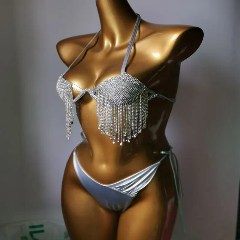 

2024 New Nightclub Suit Steel Bracelet Hard Cup Bikini Diamond Swimsuit Tassel Bikini Stitched Diamond Bikini Bathing Suit Women