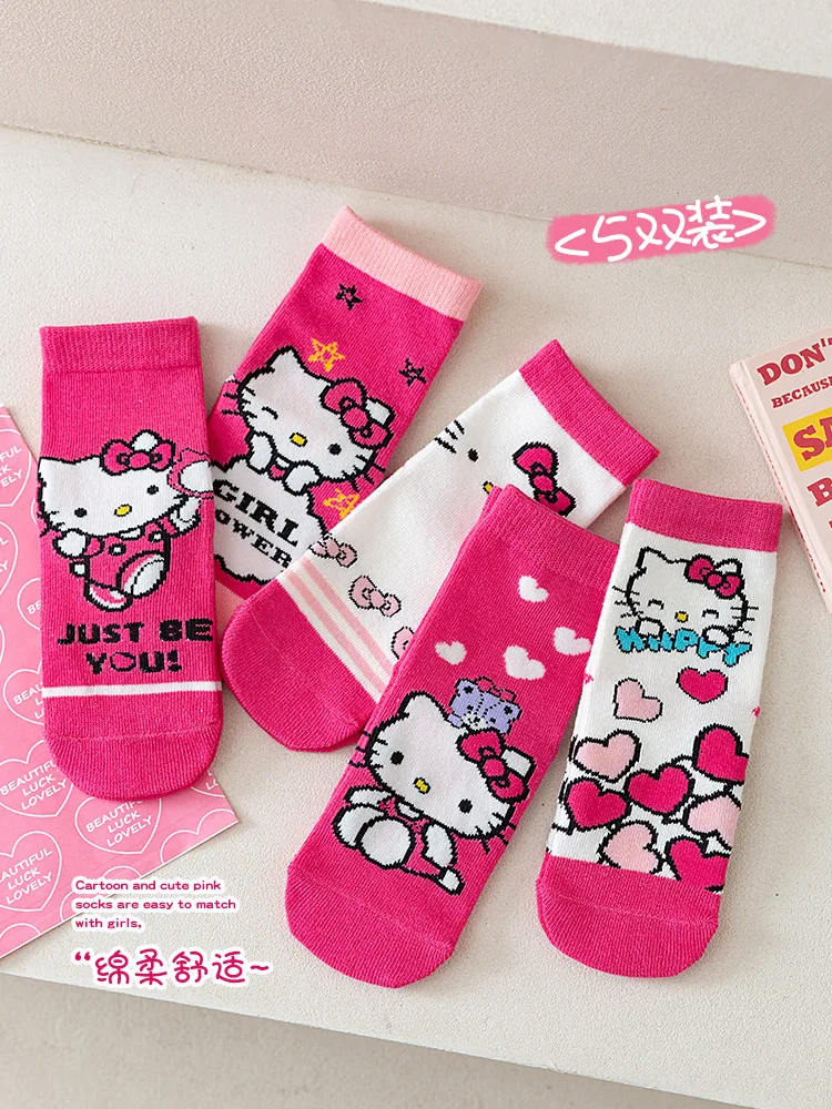 5 Pairs Sanrio Hello kitty Kids Socks Kawaii New Fall Cartoon Children mid-calf socks Cotton Sock for Girls Gifts 3