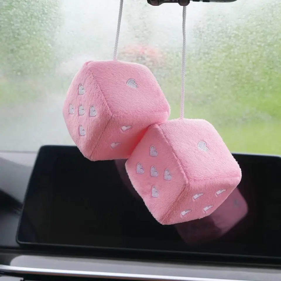 Pair Of 3" Hot Stamped Polka Dot Fuzzy Plush Dice – Car Rearview Mirror Hanging Decor, White, Easy Install - View #8