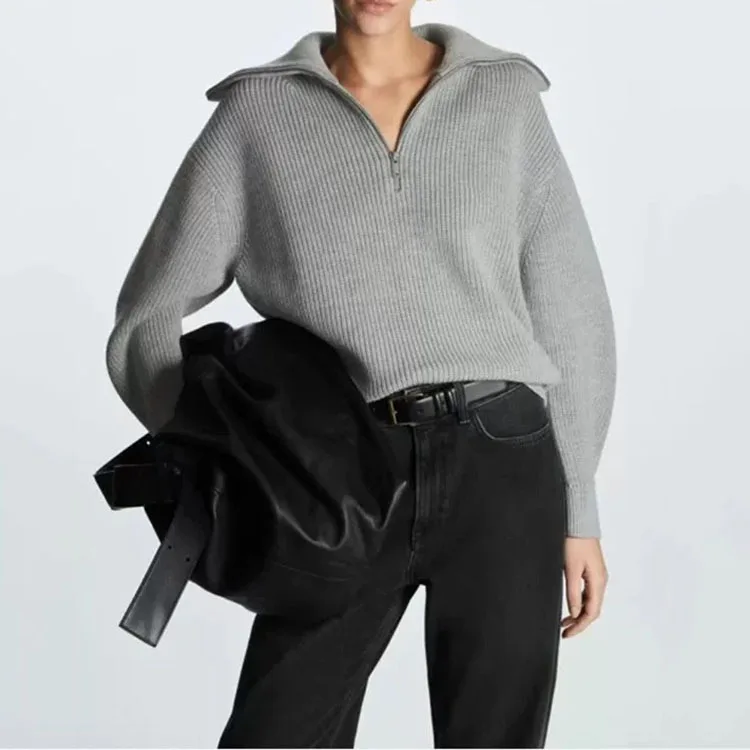 

Fashion Women Sweaters 2023 Loose Zipper Design Pullovers Casual Solid Turtleneck Thickening Pink Knitted Winter Women's Sweater