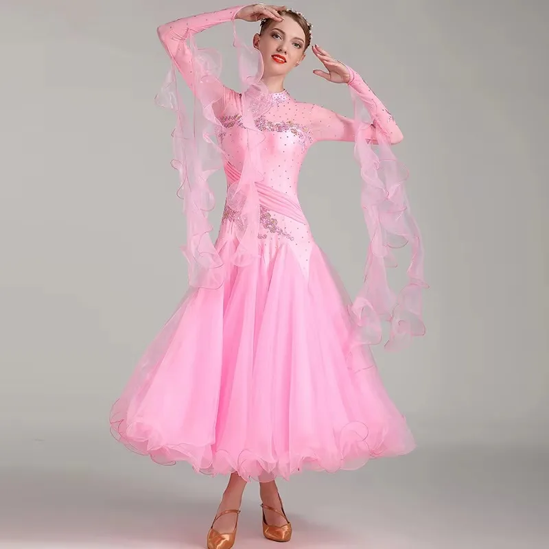 Red blue ballroom dance competition dresses waltz dance dress fringe luminous costumes standard ballroom dress foxtrot 9 color