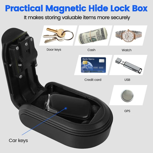 Magntic Key Lock Box with 4 Digit Combination Lock Hider Under Car Magnetic Key Holder with Strong Magnet for Indoors Outdoor 2