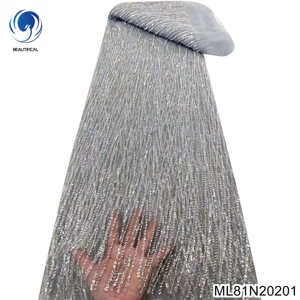 

2023 High Quality Noble and Generous Nigerian Sequins French Heavy Beaded African Tulle Lace Fabric Big Occasion DressML81N202