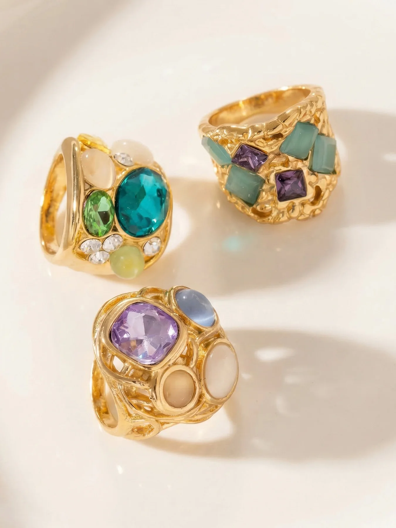 Bunte Funkelnde Steinringe 18k Vergoldeter Ring Edelstahl Kuppelringe Vintage Edelsteinring Statement-Schmuck für Frauen – Detail 9