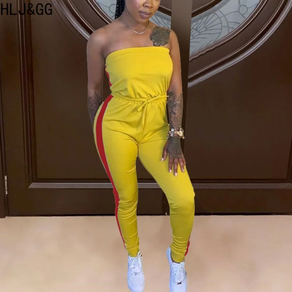 HLJ&GG Spring New Off Shoulder Bandage Sporty Tube Jumpsuits Women Sleevless Backless Playsuits Female Stripe Print Slim Overall
