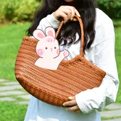 Fashion Leather Handbags Women's Leather Weaving Casual Shopping Bag Vintage Basket Tote Purse Cowhide Cross Handle Bags
