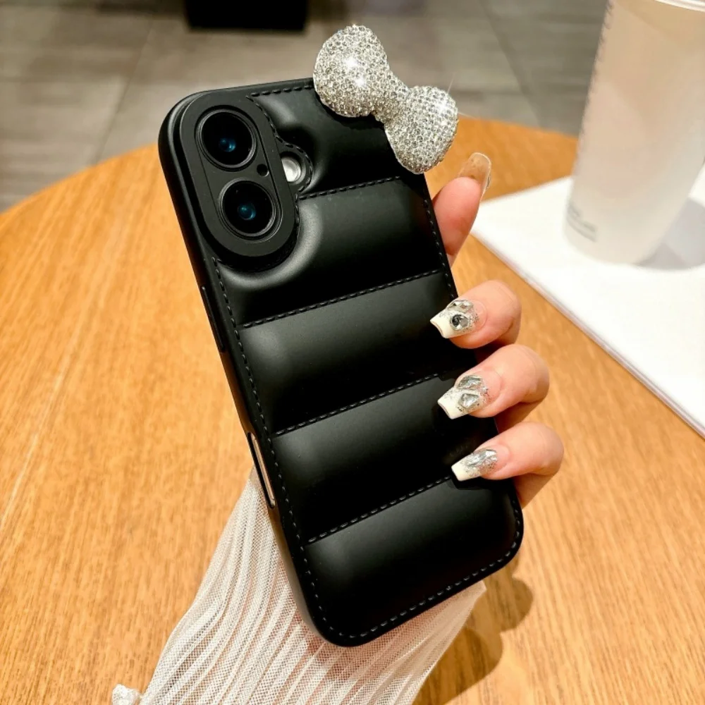Luxury and Fashionable Diamond Bow Soft Down Jacket Phone Case