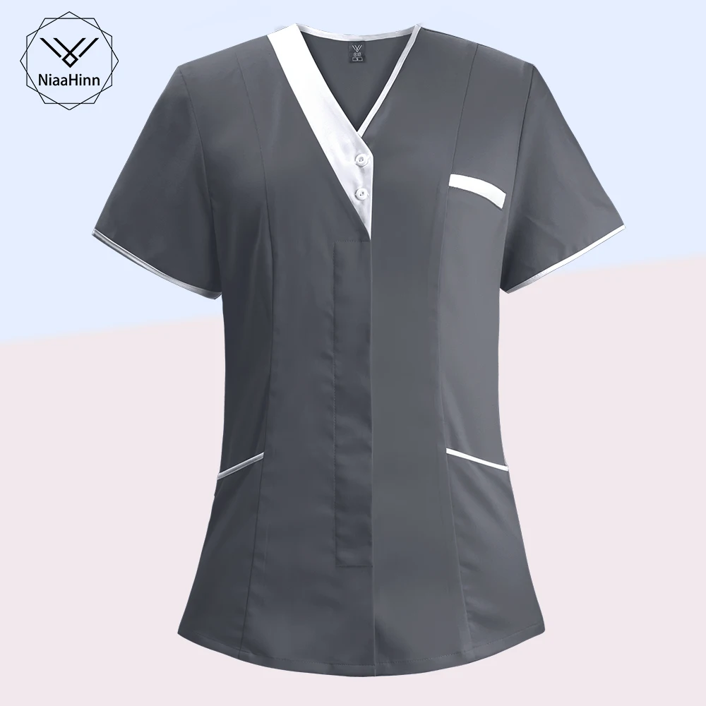 Unisex Short Sleeve Pharmacy Nurse Scrub Tops Beauty Salon Work Tops ...