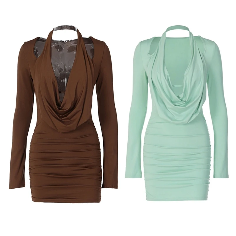 

Trendy Women's Solid Long Sleeve Halter Neck Party Pencil Bodycon Mini Dresses