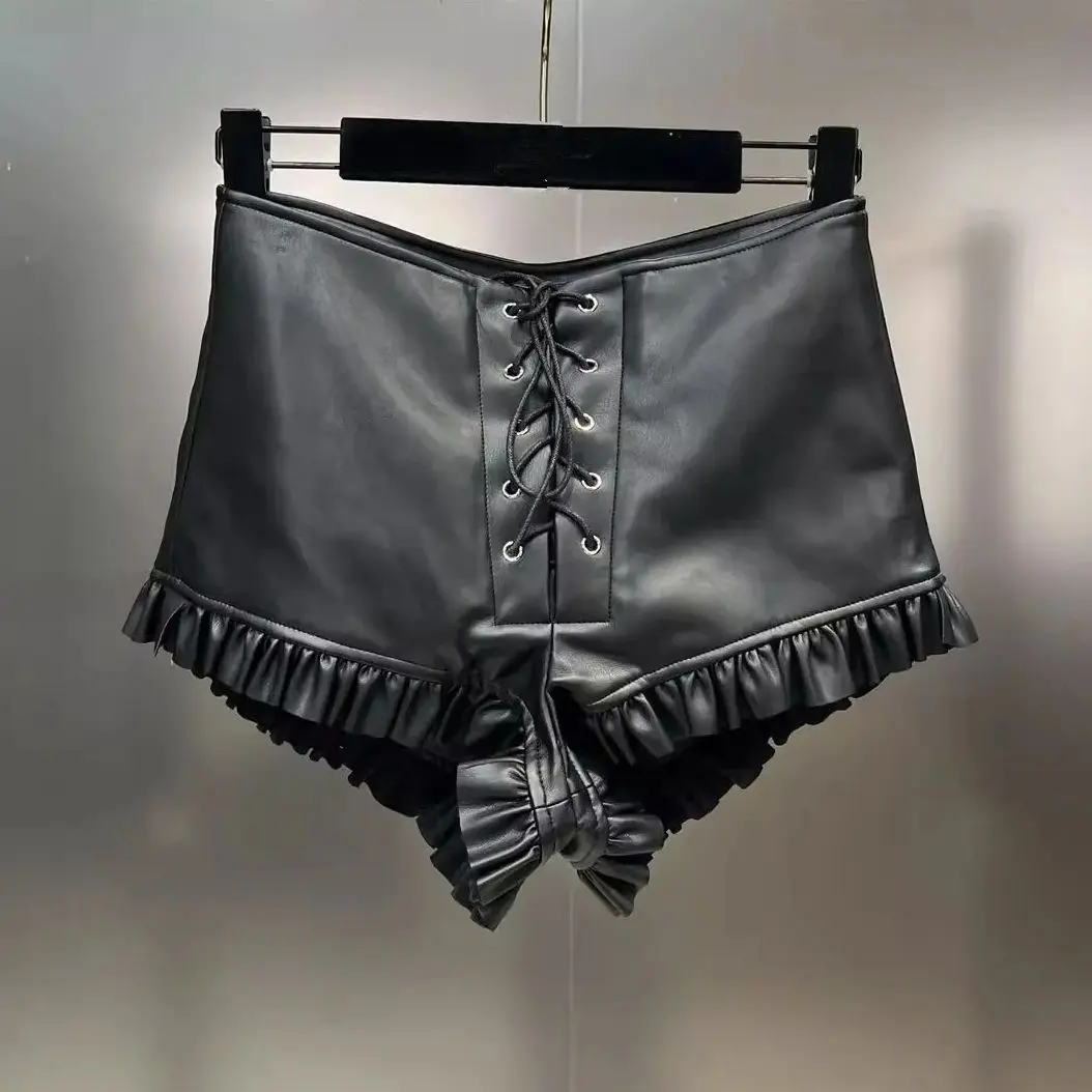 2023-autumn-winter-women-pu-leather-shorts-bandage-lace-up-ruffled-faux-leather-shorts-female-fashion-bottoms-y4620