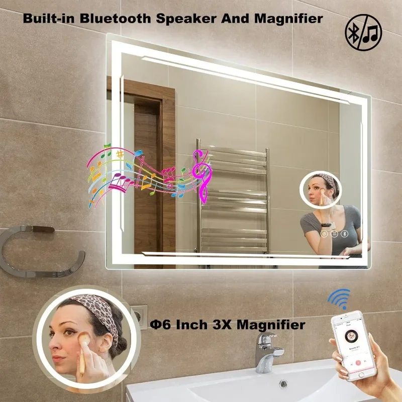 Luxury 48"L x 30"W Wall Mounted LED Mirror Bathroom, Smart Lighted Vanity, with Built-in Bluetooth Speaker and 3X Magnifier