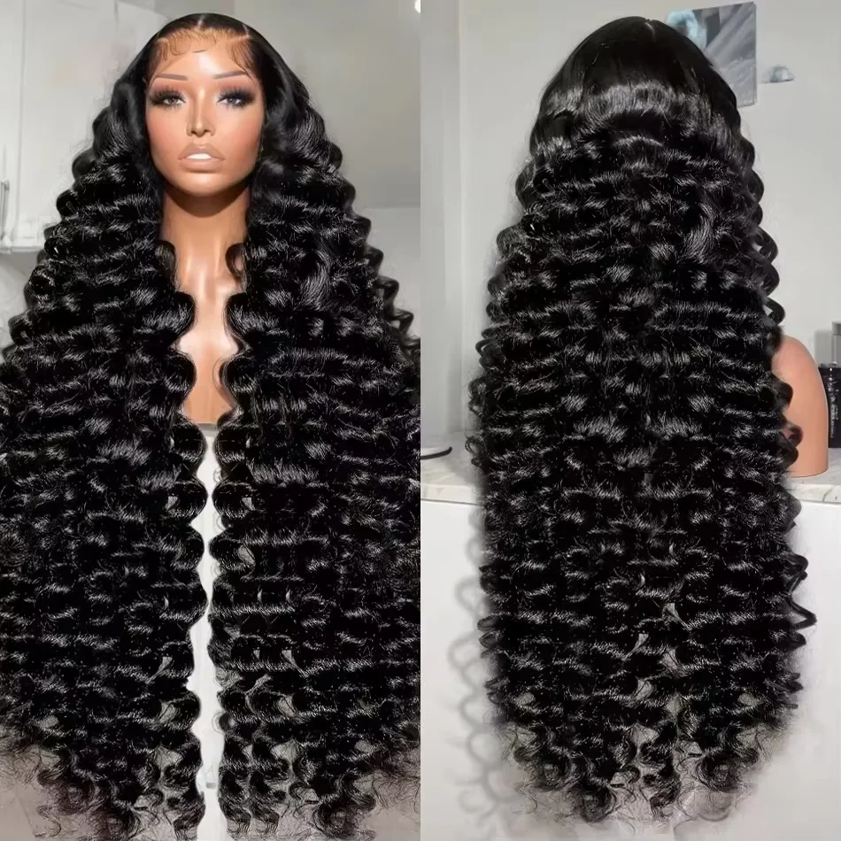 Peruk med lösa vågor av äkta hår visad på dockhuvud