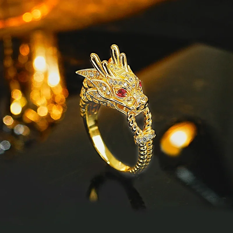 

New Medieval Style Dragon Head 925 Silver Zodiac Ring Inlaid with High Carbon Diamond Temperament, Retro and Domineering