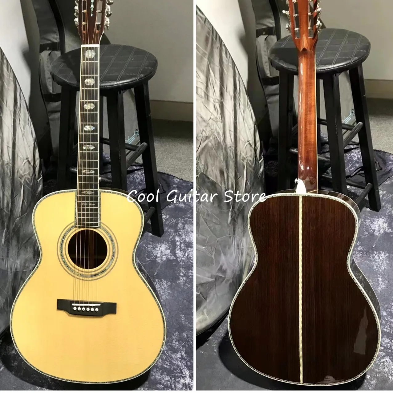

Solid Spruce Top Acoustic Guitar, OM Model,Ebony Fingerboard,Real Abalone Inlay and Binding,Free Shipping