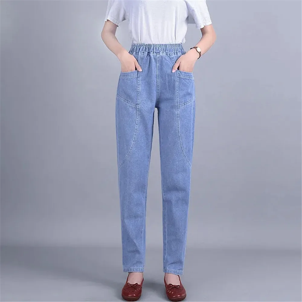 

Vintage Elastic High Waist Blue Jeans Harem Elastic Denim Pants Large Size 3xl Women Casual Jogger Vaqueros Casual Baggy Spodnie