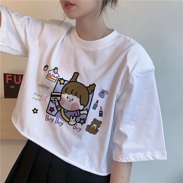 Camiseta Boba Tea Cat Bubble Print, Kawaii Crew Neck Manga Curta