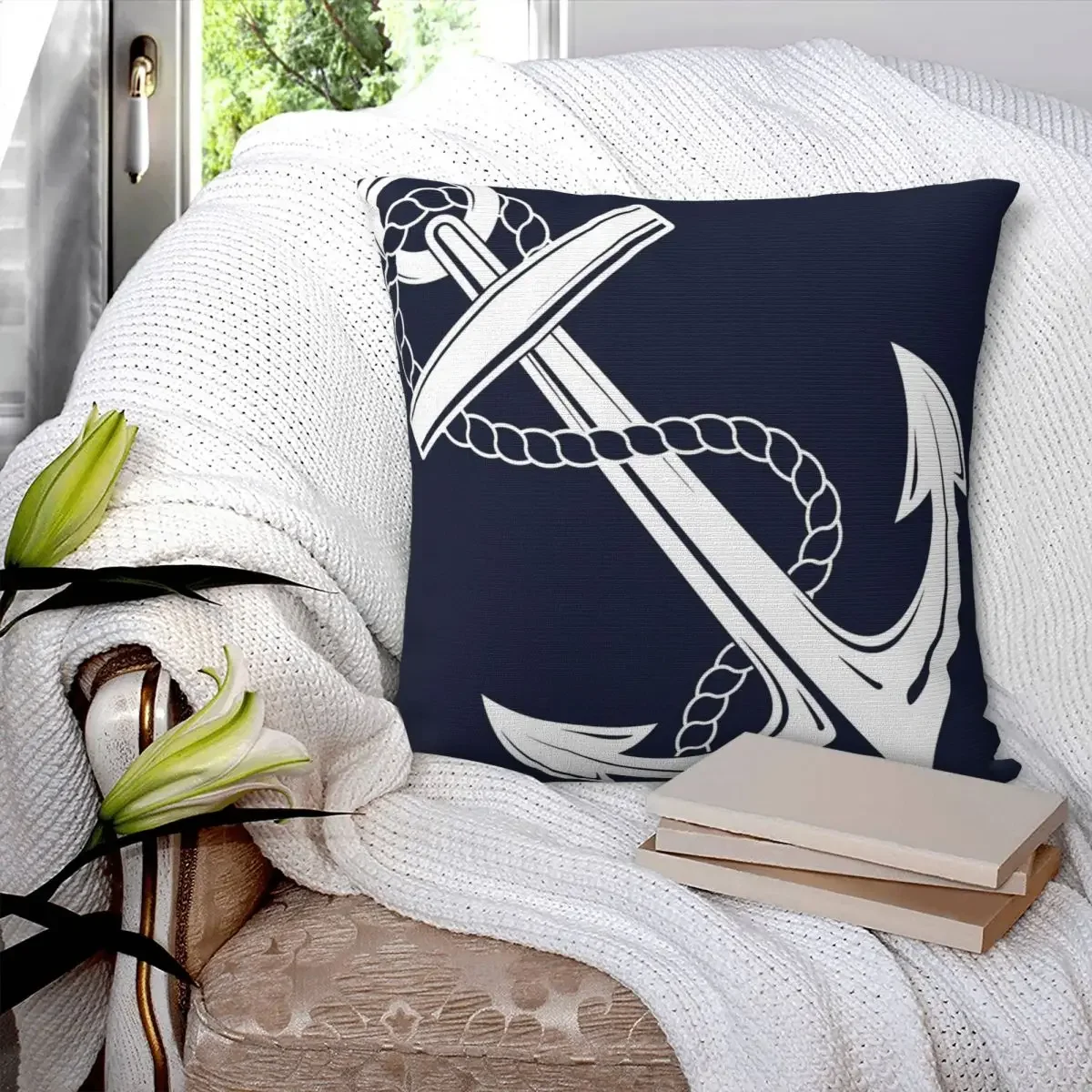 

Anchor Nautical White & Navy Square Pillowcase Pillow Cover Polyester Cushion Decor Comfort Throw Pillow for Home Sofa