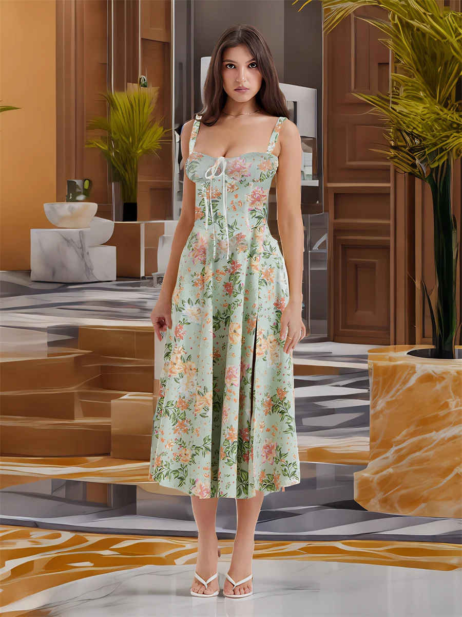 Vestido largo con estampado de flores para mujer corpi o de cuello 