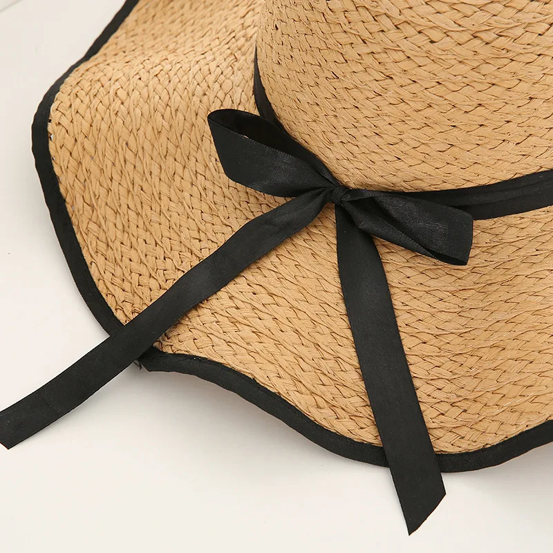 New Fashion Wide Brim Straw Hat for Women Long Ribbon Ladies Beach Hats Fashion Dress Up Children Summer Sun Visor Caps