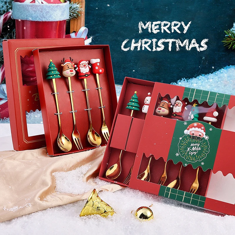 Christmas Fork And Spoon Set Stainless Steel Creative Tableware Coffee Tea Dessert Forks And Spoons Gift Set 2/4Pcs cutlery set western style cutlery set picnic cutlery set stainless steel cutlery set