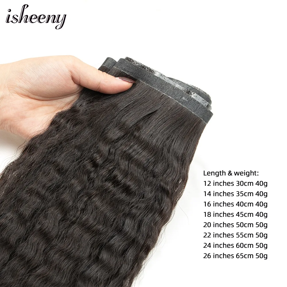 isheeny PU Weft Tape Hair Extensions Kinky Straight 12-30inch Natural Black Human Hair Bundles No Glue on Seamless 40-50g