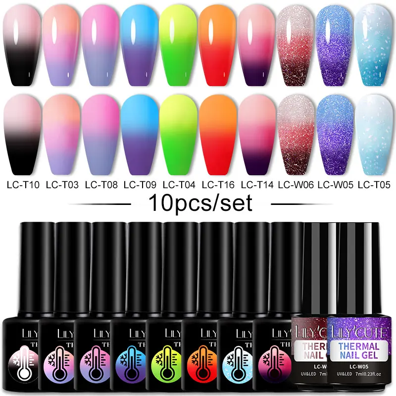 

LILYCUTE 10Pcs Thermal Gel Nail Polish Set Temperature Color-Changing Semi Permanent Soak Off UV Long Lasting Nail Arts Varnish