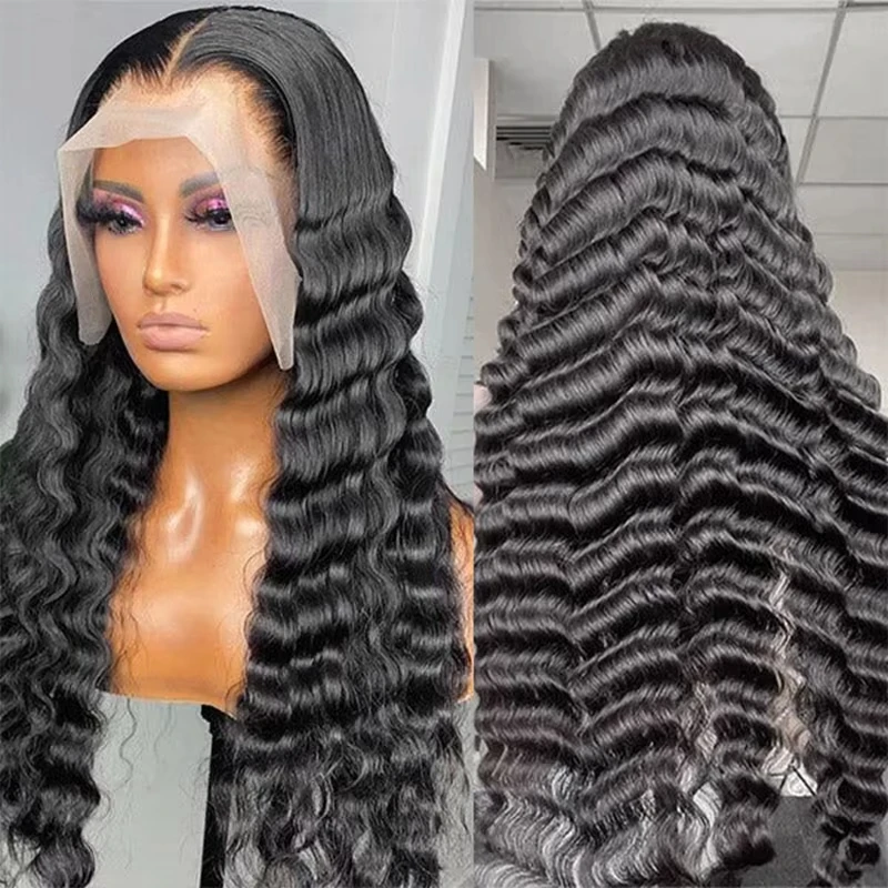 250% Density Deep Wave Wavy Curly Human Hair Wigs 13x4 Transparent Lace Frontal Brazilian Hair Wig for Black Women