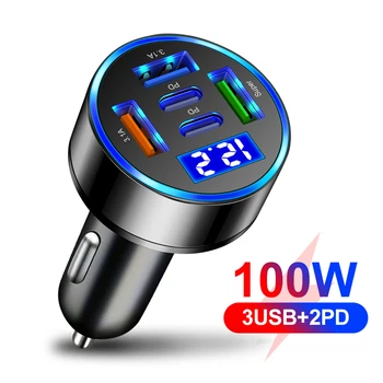 Caricabatteria da auto da 100 W a 5 porte Ricarica rapida PD QC3.0 Caricatore per telefono da auto USB C Adattatore di tipo C in auto per iPhone Samsung Huawei Xiaomi