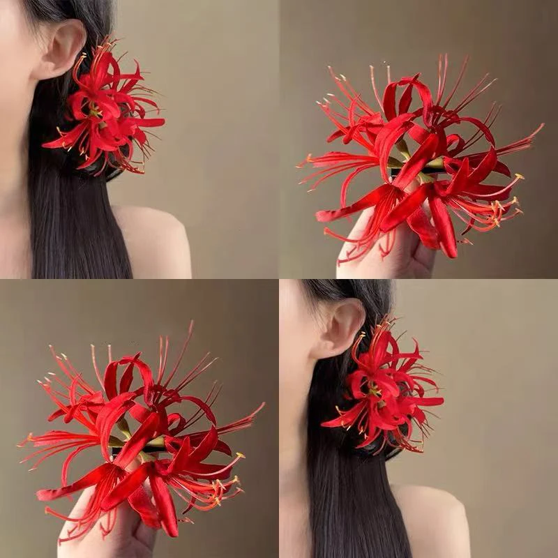 Red and Blue Tassel Bridal Hairpins Classical Floral Headpiece for Chinese Wedding Hanfu Xiuhe Dress
