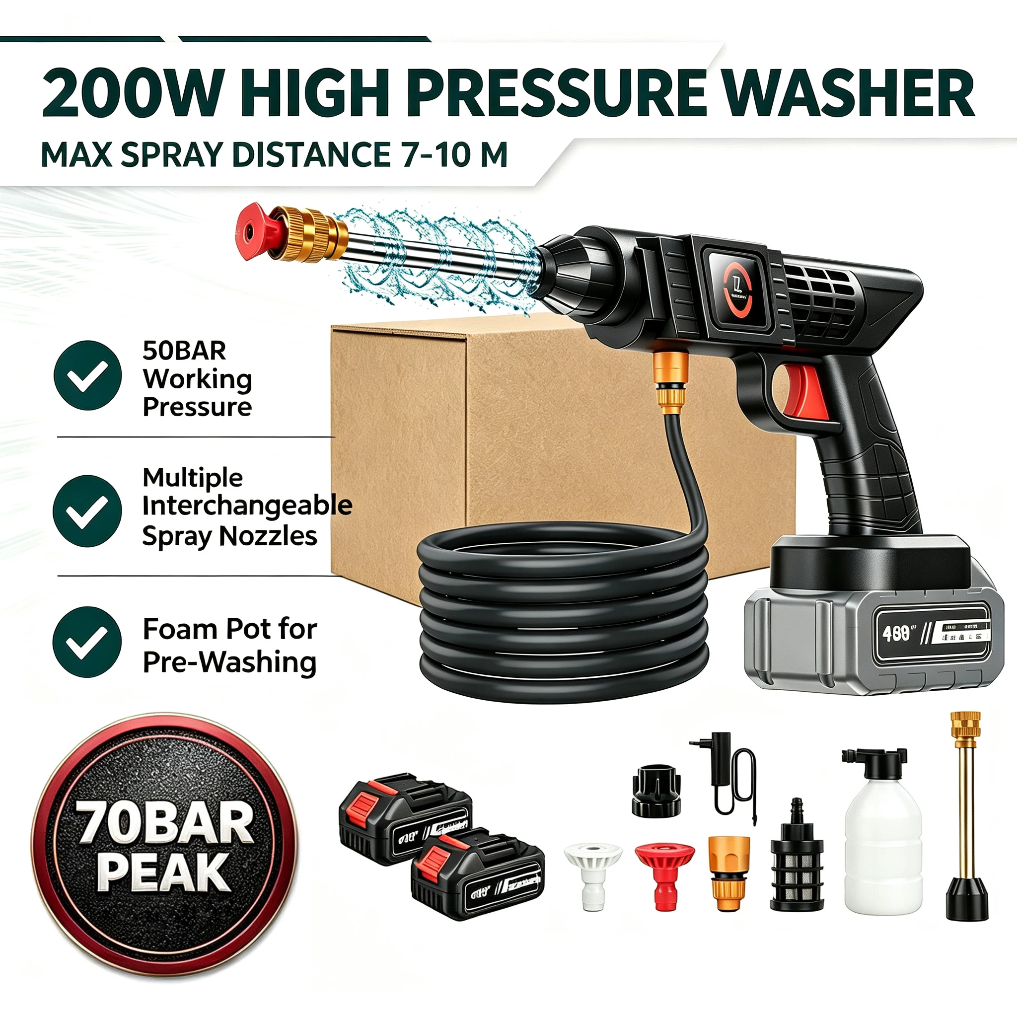 Pistolet de lavage haute pression sans fil 21V 200W 0 ° /40 °   Nettoyeur haute pression portable rechargeable 70 bars avec plusieurs buses et bouteille de mousse auto-amorçante pour le nettoyage de voitures, de patios, de jardins et d'animaux domestiques 1
