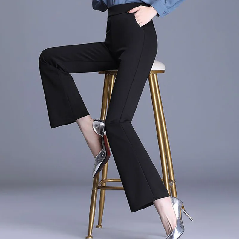 Elegant Elastic High Waist Loose Pockets Pants Women's 2023 Autumn New Office Lady Commute All-match Casual Pants