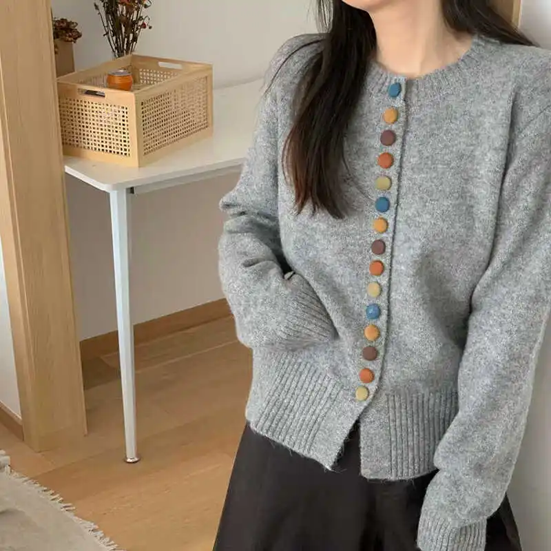 Color Button Crew Neck Long Sleeve Knitted Sweater Women's Autumn Top Lazy Wind Loose Foreign Sweater Cardigan