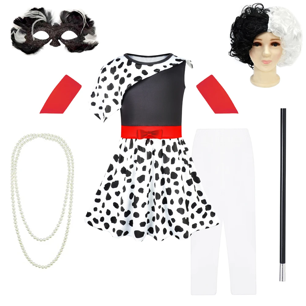 Ragazze Cruella Dress Clothes Cruella De Vil Cosplay Nero Bianco Abiti Da Principessa + Pantaloni Parrucca Costume Di Halloween Abito Natalizio