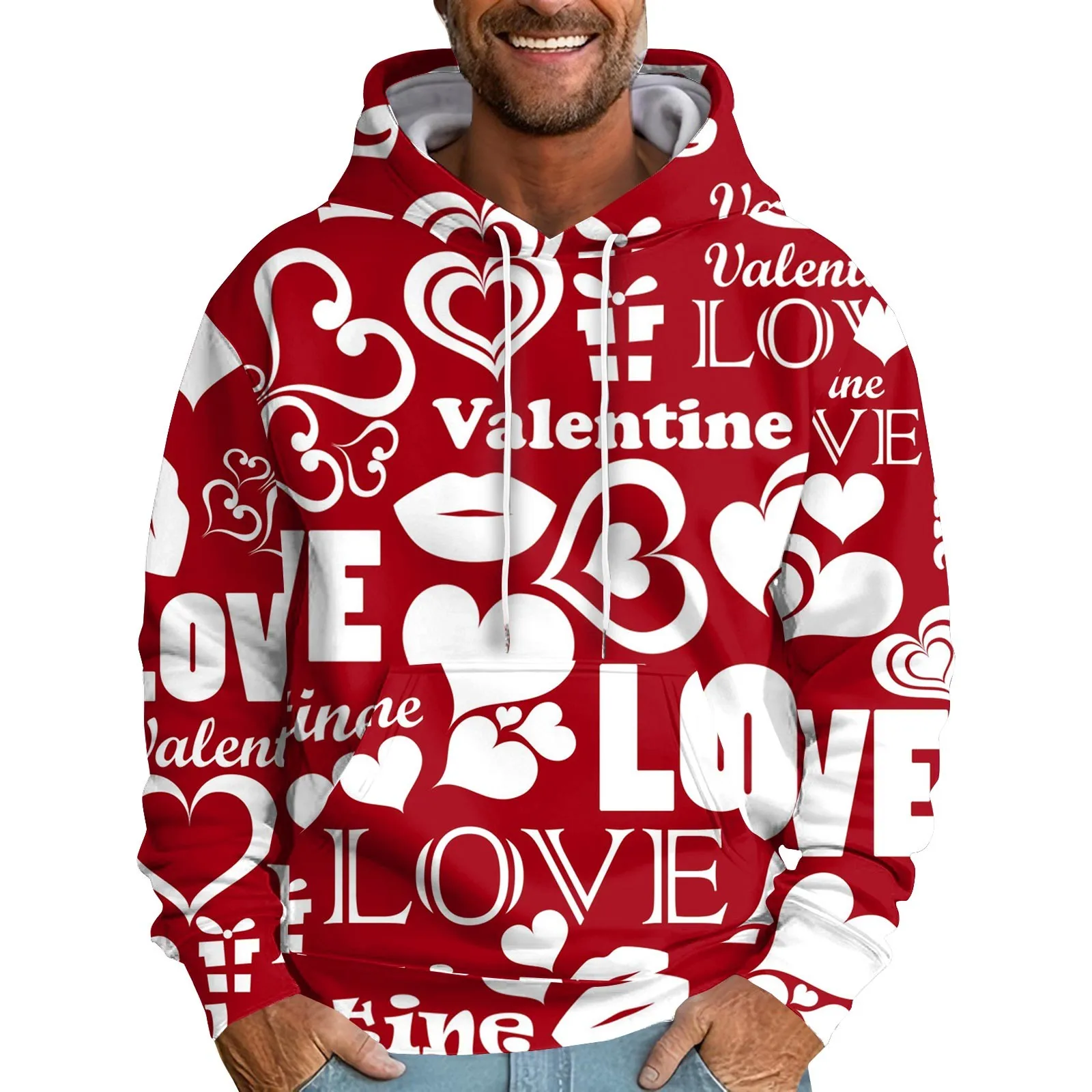 

Happy Valentines Day Love Heart Print Hoodies Long Sleeve Sweatshirt Male Spring Autumn Hooded Pullovers Male Top 2024