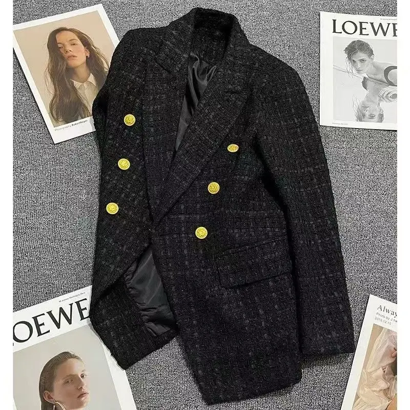 

Luxury Brand Designer Clothing Tweed Blazers Jackets Women Double-breasted Long Sleeve Slim Coat Black