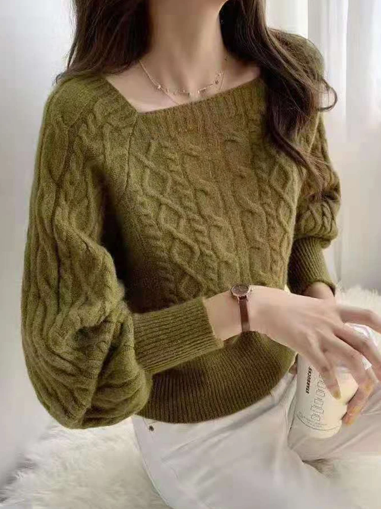 

Women Knitted Sweater Elegant Fashion Pullover Female Autumn Winter Square Collar Jumper Ladies Casual Soft All-Match Sweaters
