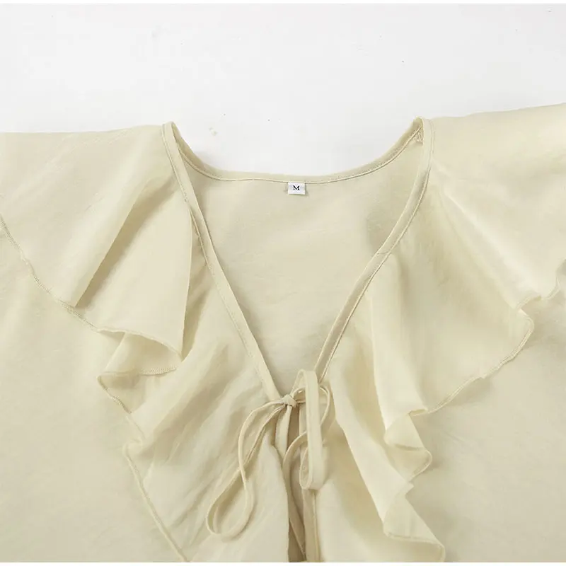 Conjunto de 2 piezas de pantalones cortos holgados con volantes para mujer, cuello en V, camisas caladas, pantalones cortos de pierna ancha, traje blanco para primavera y verano 2025.