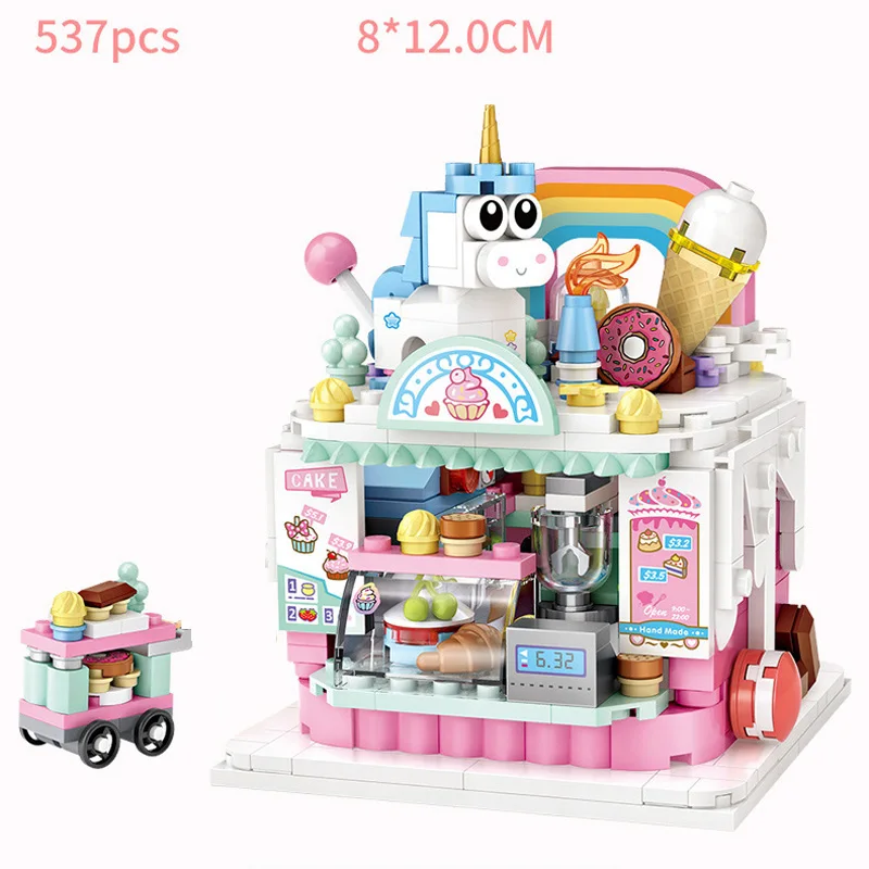 Creative Mini Block City Modern Street View Lemon Tea Hamburger Ice Cream French Fries Architecture Building Brick Figures Toys