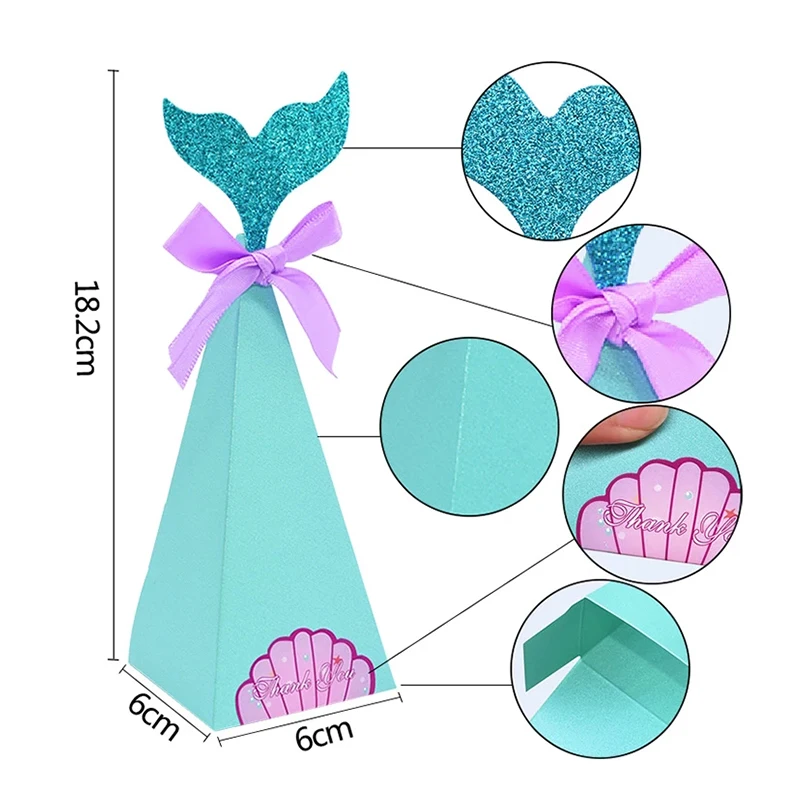 10Pcs Mermaid Tail Paper Candy Box Gift Bags Popcorn Boxes Kids Little Mermaid Birthday Party Decoration Baby Shower Supplies