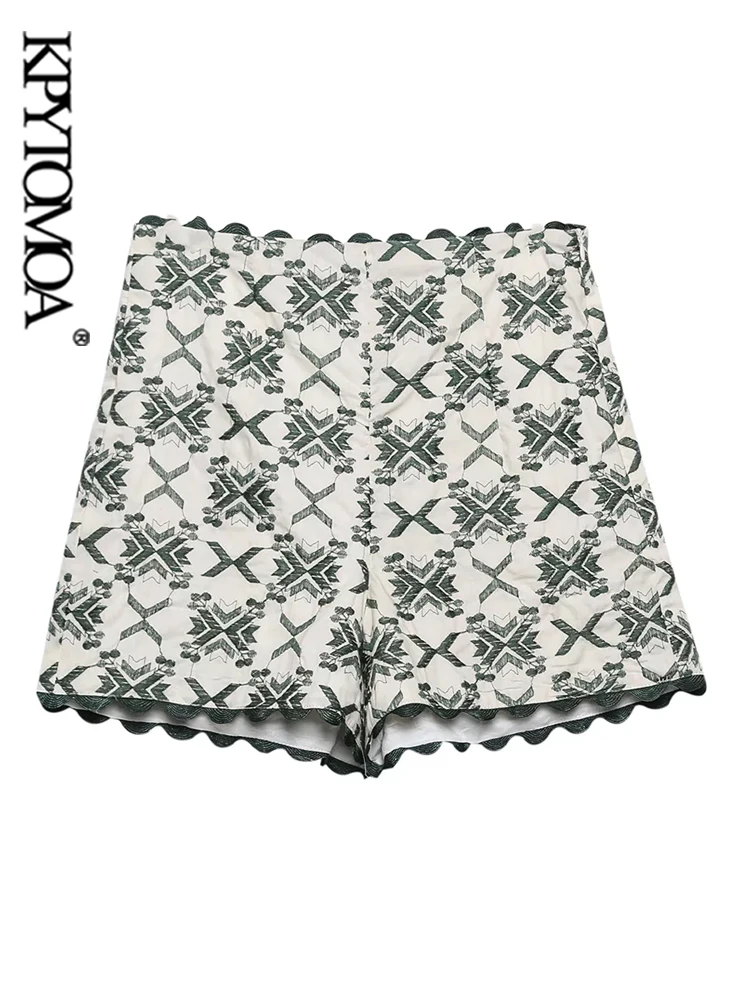 

KPYTOMOA Women Fashion Contrast Embroidery Shorts Vintage High Waist Side Zipper Female Short Pants Mujer