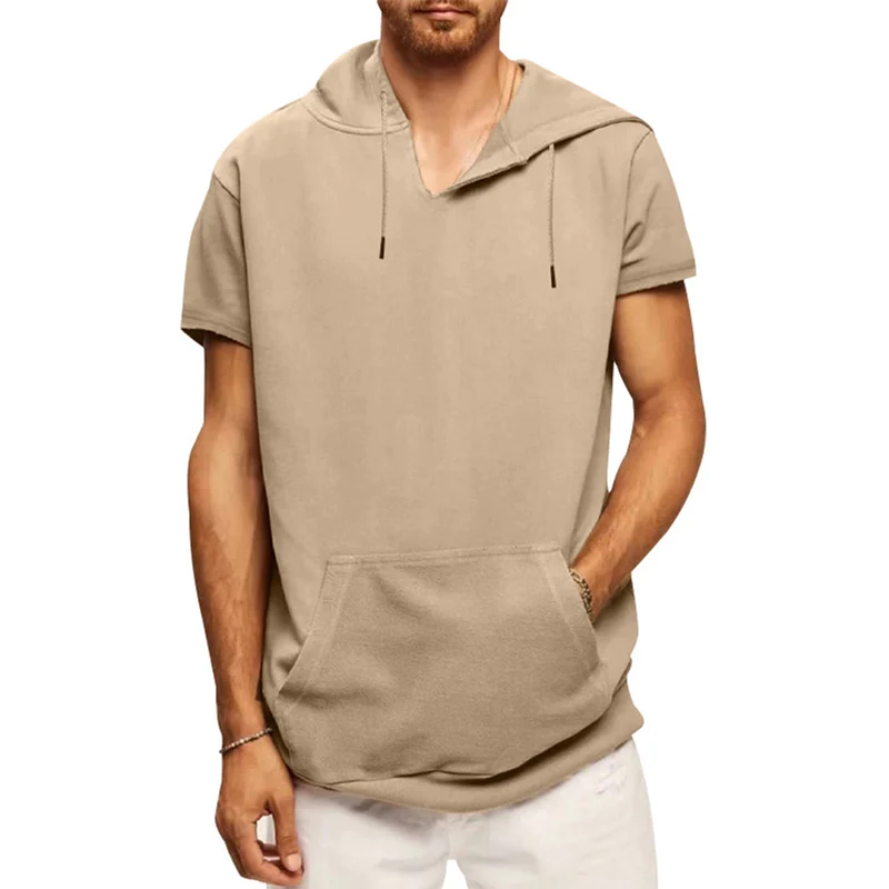 

Sports Casual Men's Short Sleeve Hooded T-shirt Summer Thin Splice Kangaroo Pouch Straight Top Youth Male Large Size Loose Tees