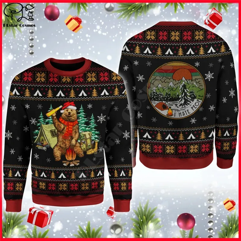 Christmas Bear Scarf Camping Knitting Pattern 3D Printed Hoodies Sweatshirts Zipper Hooded Men For Women Streetwear