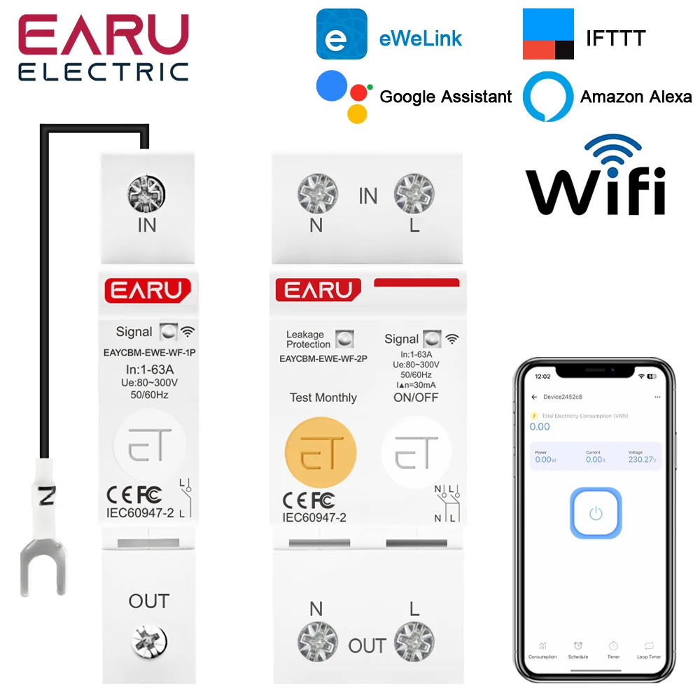 eWeLink WiFi MCB Smart Circuit Breaker 1P 2P 63A Switch Energy Metering Timer Relay kWh Voltage Current Protector Remote Contro