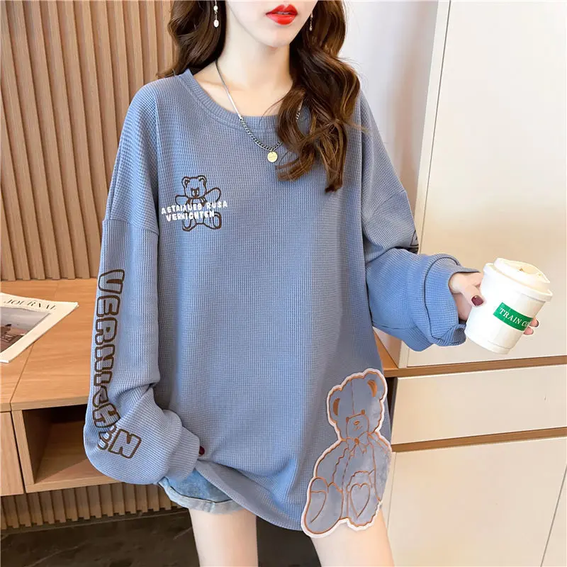 Loose Round Neck Comfortable Top Women Autumn New Long Sleeve Korean Bear Pattern Medium Length Pullover