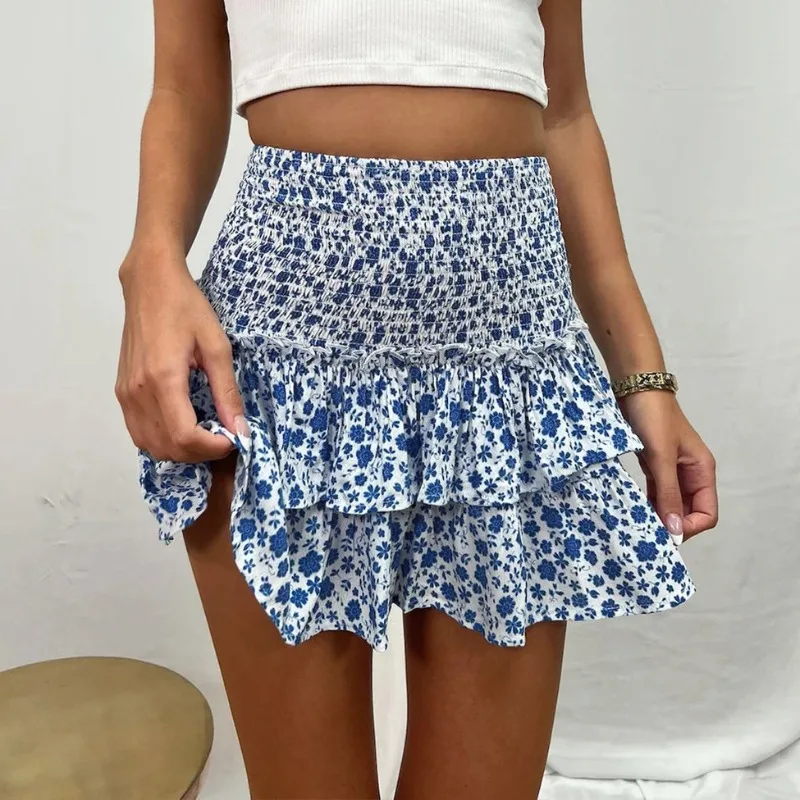 Spring and Summer Women\'s Dresses Elastic High Waist Ruffled Flower Print Contrast Color Fashion Y2K Casual Sexy Short Skirt