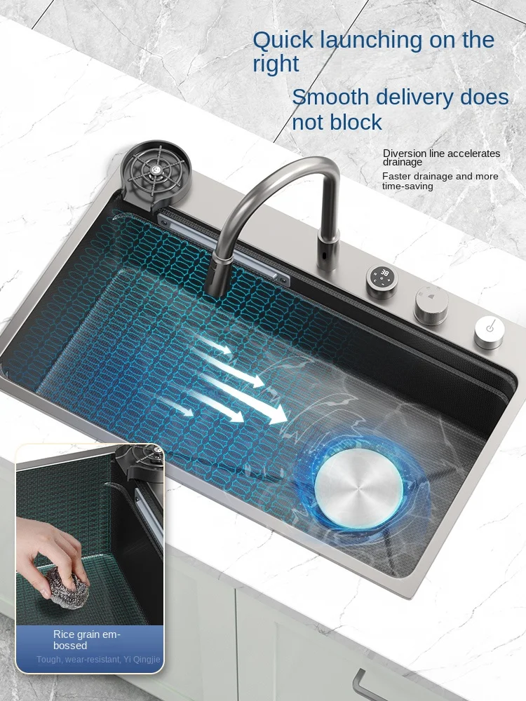 Évier De Cuisine À Cascade En Relief Acier Inoxydable, Grand Bol Simple, Lavabo Multifonctionnel Pour La Rénovation
